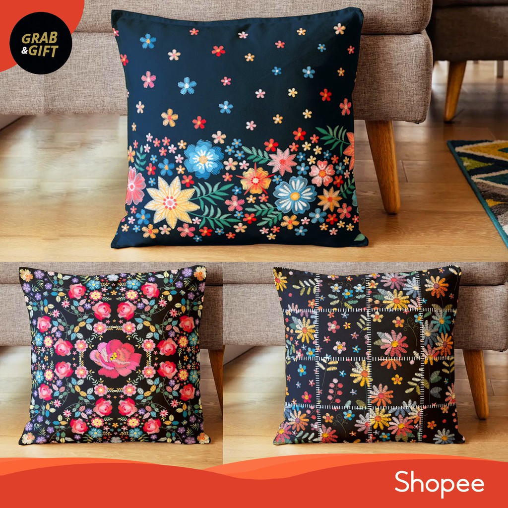 SARUNG Bantal Motif Floral Efek Sulam Embroidered Bordir 40X40 Bunga