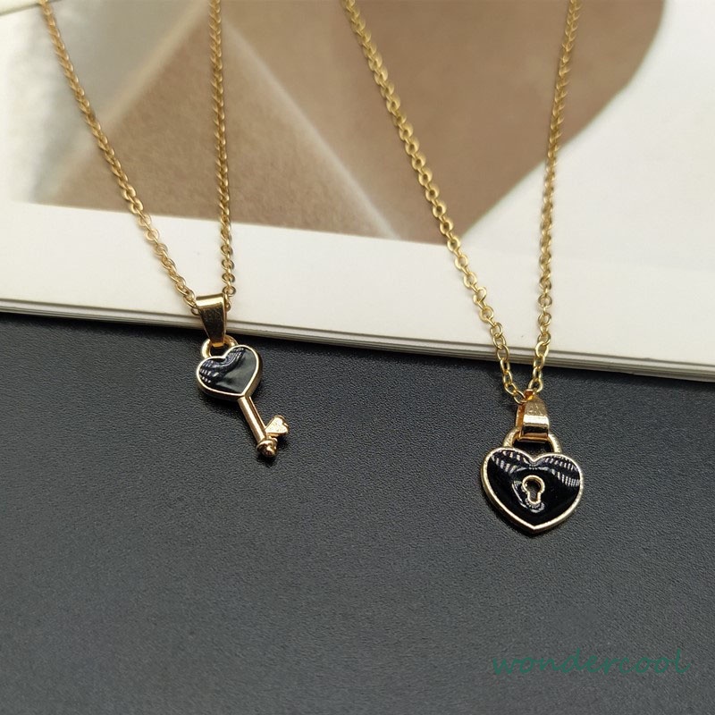 2 Pcs Fashion Wanita Trendi Kunci Liontin Link Rantai Kalung Hati Pasangan Pecinta Kalung-Won