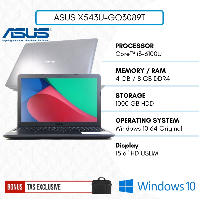 PROMO LAPTOP ASUS CORE i3-6100U 8 GB RAM 1000 GB HDD BERGARANSI ASUS VIVOBOOK X543U WINDOWS 10 ORI SUPPORT DVD ROOM - GQ3089T - TEKNO KITA