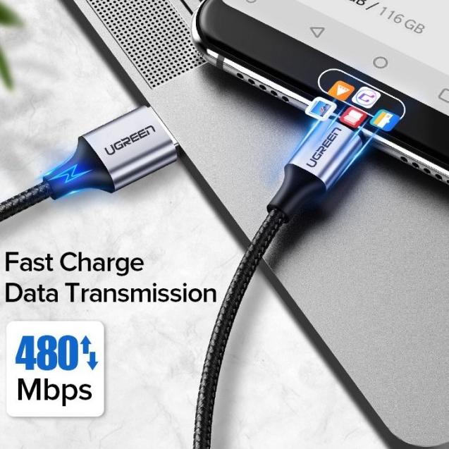 Model baru - Ugreen Kabel Charger Pendek USB Type C Cable Powerbank Fast Charging 2.4a Samsung Oppo 