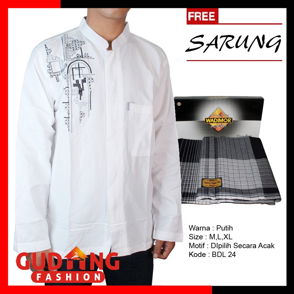 GIOFLO Baju Koko Panjang Pria Muslim Bordir Plus Free Sarung / BDL 01