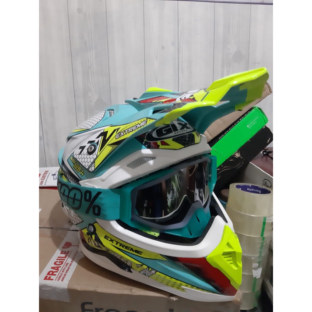 HELM TRAIL GIX CROSS EXTREME JET GREEN SPECIAL EDITION PLUS KACAMATA GOGGLE TOSCA TRABAS SUPERMOTO