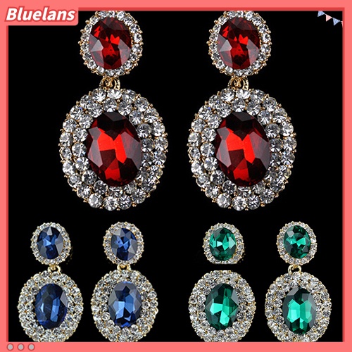 Bluelans Women Vintage Luxury Geometric Oval Rhinestone Pendant Dangle Drop Earrings