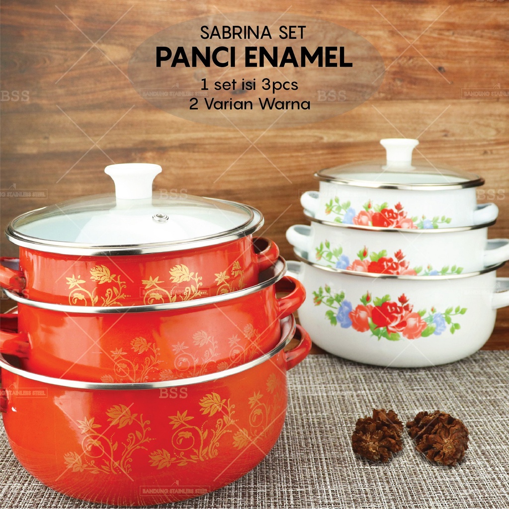 Panci Enamel Set 3pcs Tutup Kaca Masak Sup Soup Motif Cantik Lucu