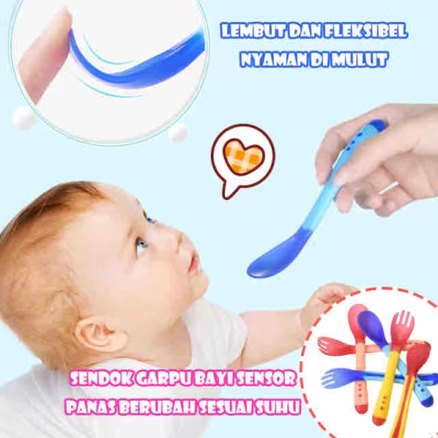 Sendok makan bayi silikon / Sendok dan Garpu Pengubah Suhu Bayi Silikon Lembut