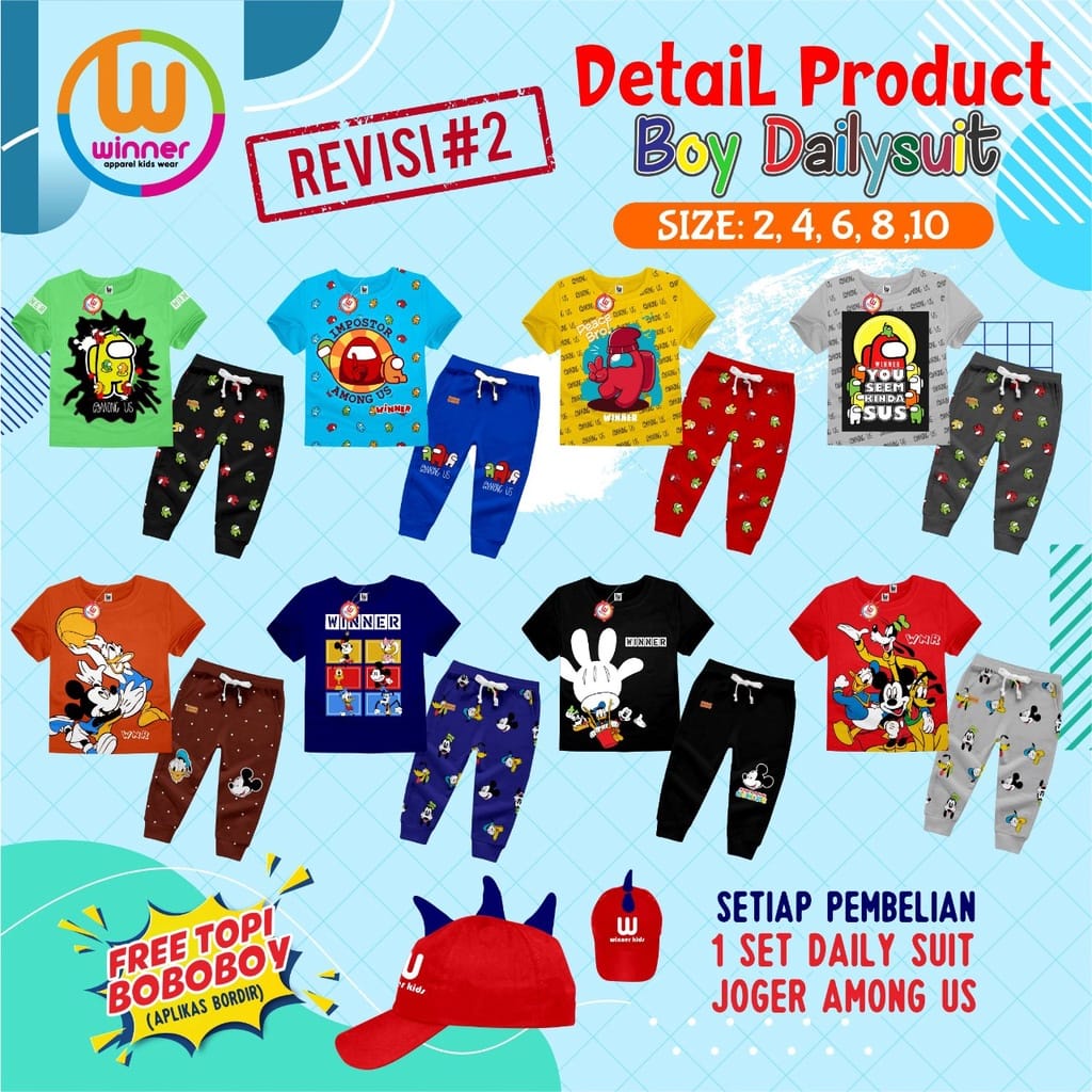 SETELAN ANAK UNISEX FREE TOPI BOBOBOI BY WINNER