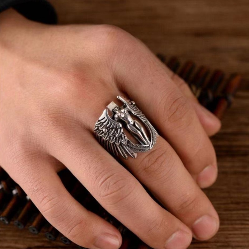 Cincin Model Terbuka Desain Sayap Malaikat Salib Yesus hipster Gaya retro Eropa Amerika Untuk Pria