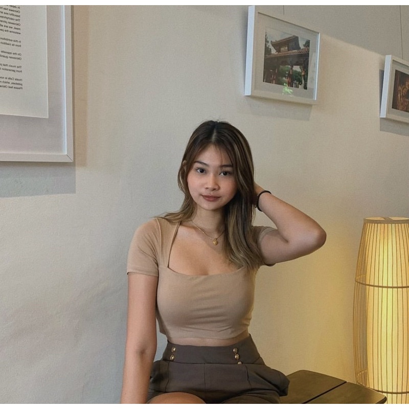 Crop Top Women's Luxury / Square Neck Crop Top Double Layer / Korean Crop Top