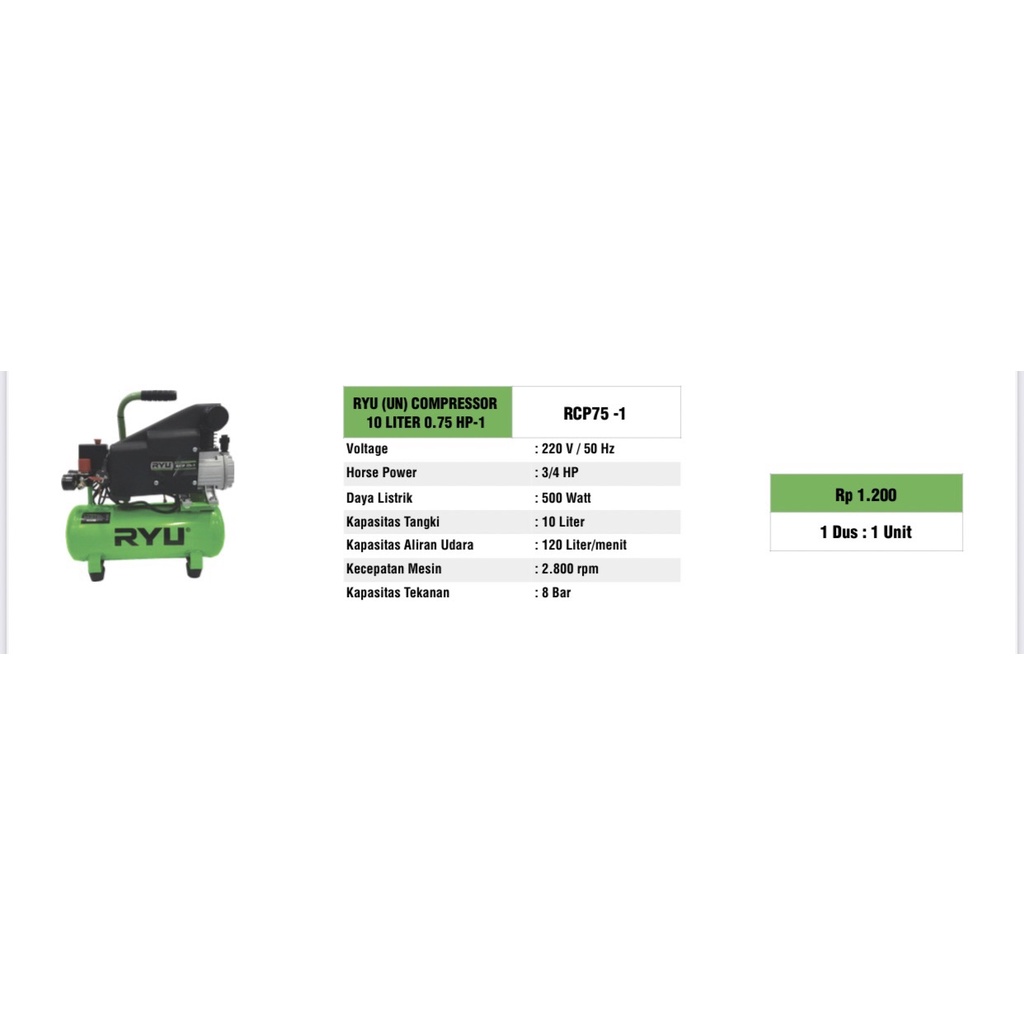 RYU Mesin Kompressor 10 Liter 0.75 HP - 1 / RYU Compressor RCP75-1