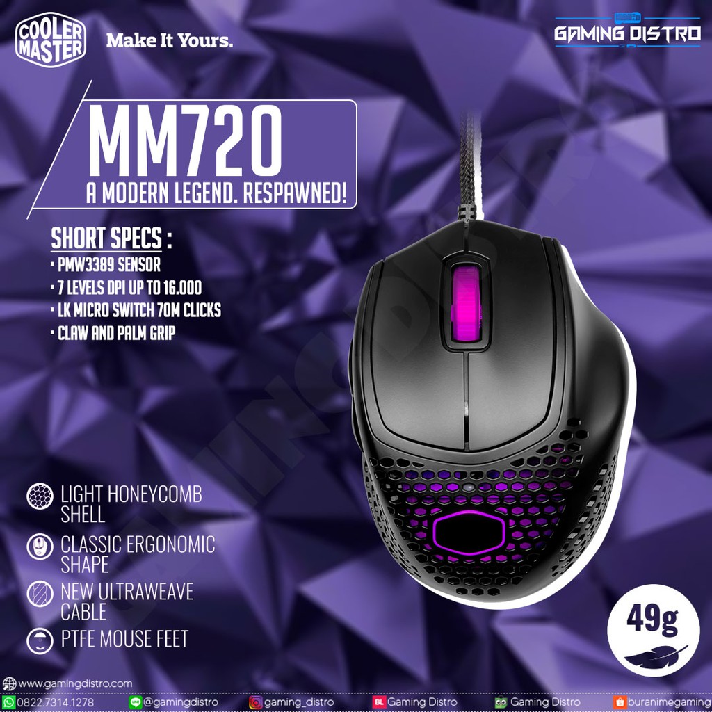 Cooler Master MM720 Mouse Gaming Ergonomic - Hitam, Putih
