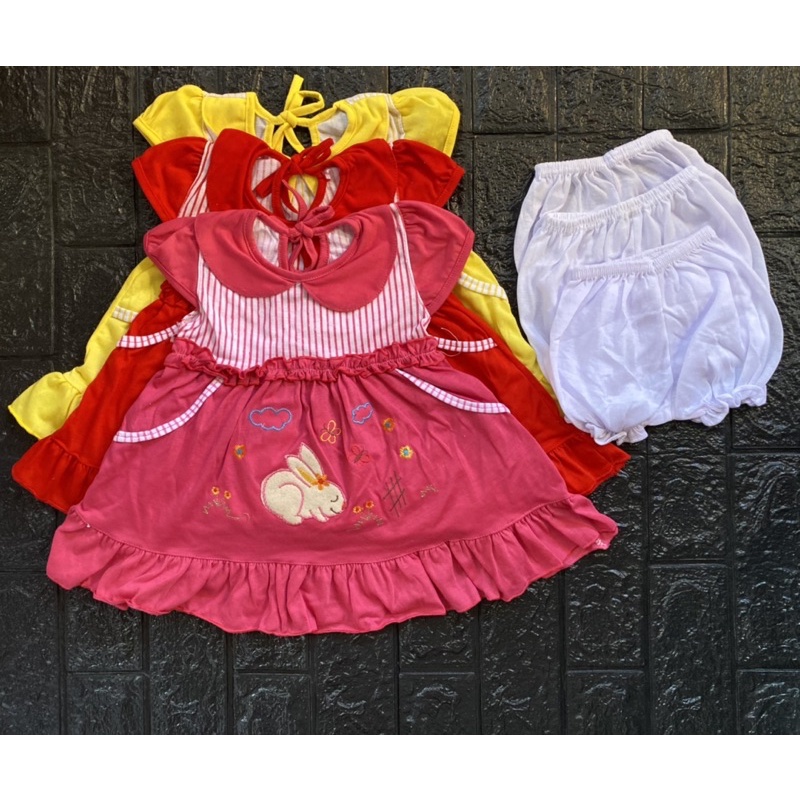 Rok bayi/ dress bayi set celana pop (motif garis atas kerah)