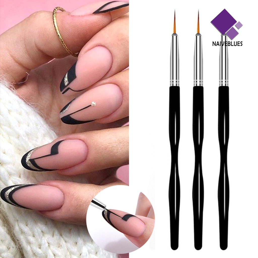 Naiveblue 3Pcs / Set Pen Gambar Garis Nail Art Ringan Reusable Warna Hitam