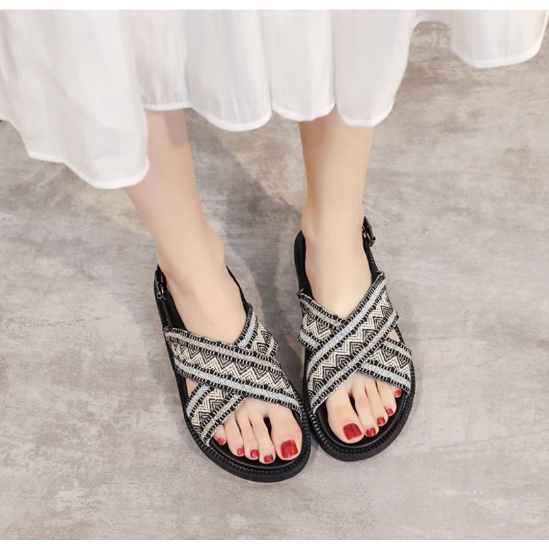 Sandal Wanita Wedges Import Kanvas Tribal Terbaru Kekinian Korean Style Sendal Cewek Jeje Kasual Sandal Wedges Wanita FLORIDA Import Balance 238-1 Bisa Cod