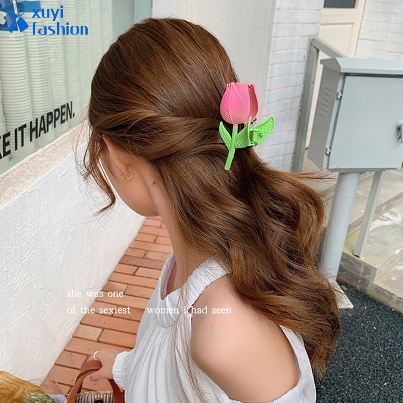 Jepit Rambut Bentuk Bunga Tulip Warna Pink Bahan Alloy Untuk Wanita