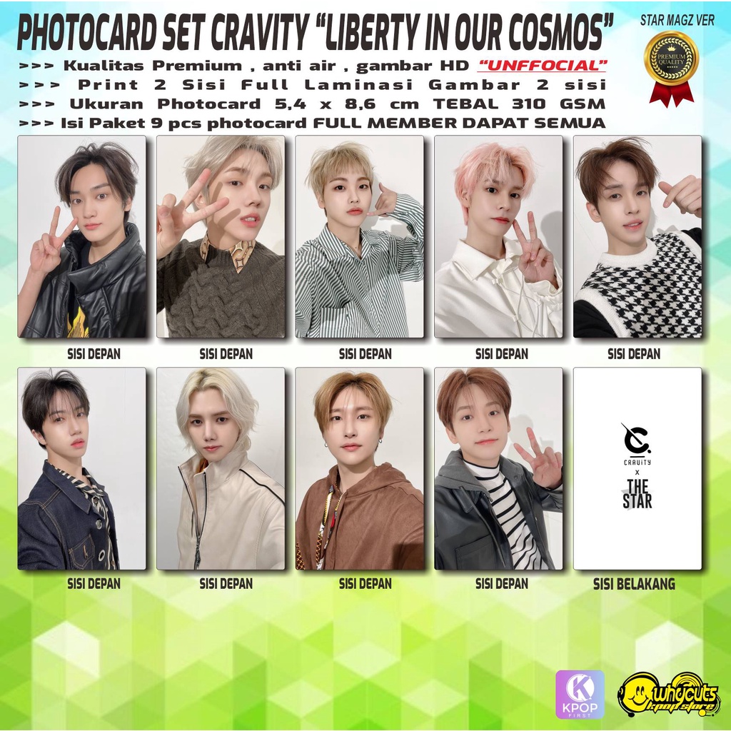 PHOTOCARD SET PC KPOP PREMIUM CRAVITY &quot; LIBERTY IN OUR COSMOS / PRINT 2 SISI FULL LAMINASI GLOSSY / ISI 9 PCS SEMUA MEMBER