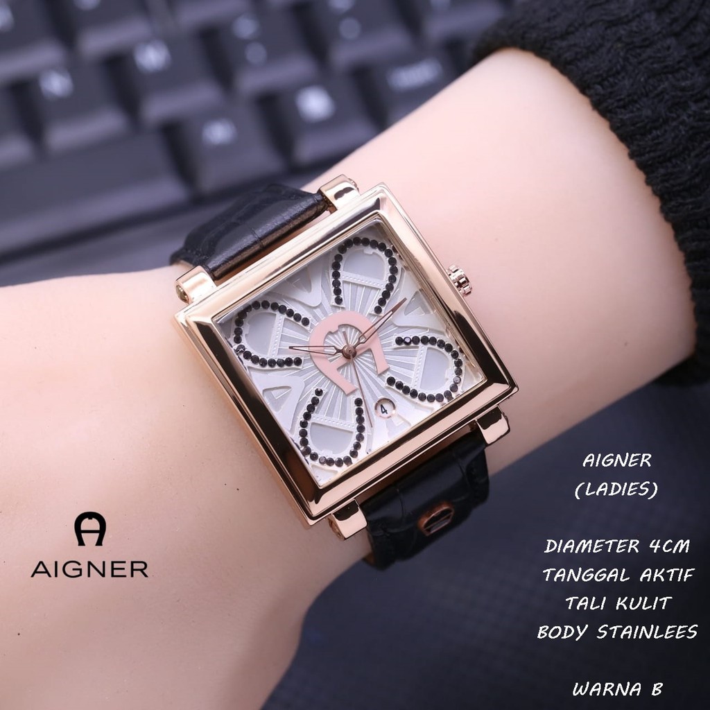 JAM TANGAN WANITA AIGNER TALI KULIT BODY STAINLEES SEGI TANGGAL AKTIF