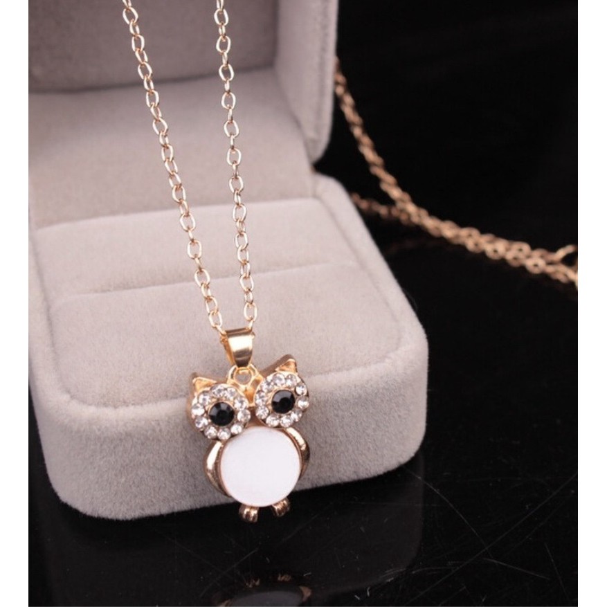 Kalung Liontin Wanita OWL Burung Hantu Gaya Retro Korea Fashion Berlian Imitasi Import