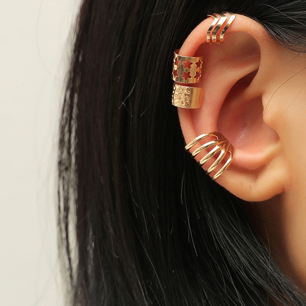 4pcs / Set Anting Tusuk + Klip Telinga Lapis Emas Bentuk Bintang / Geometri Untuk Wanita