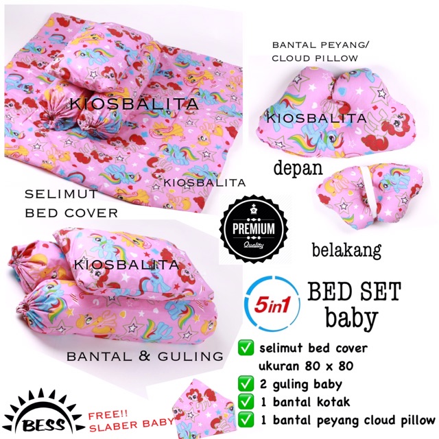 FREE SLABER BABY!! 5IN1 PAKET Baby Bed Set Bedcover Selimut+Bantal Cover Guling bantal peyang