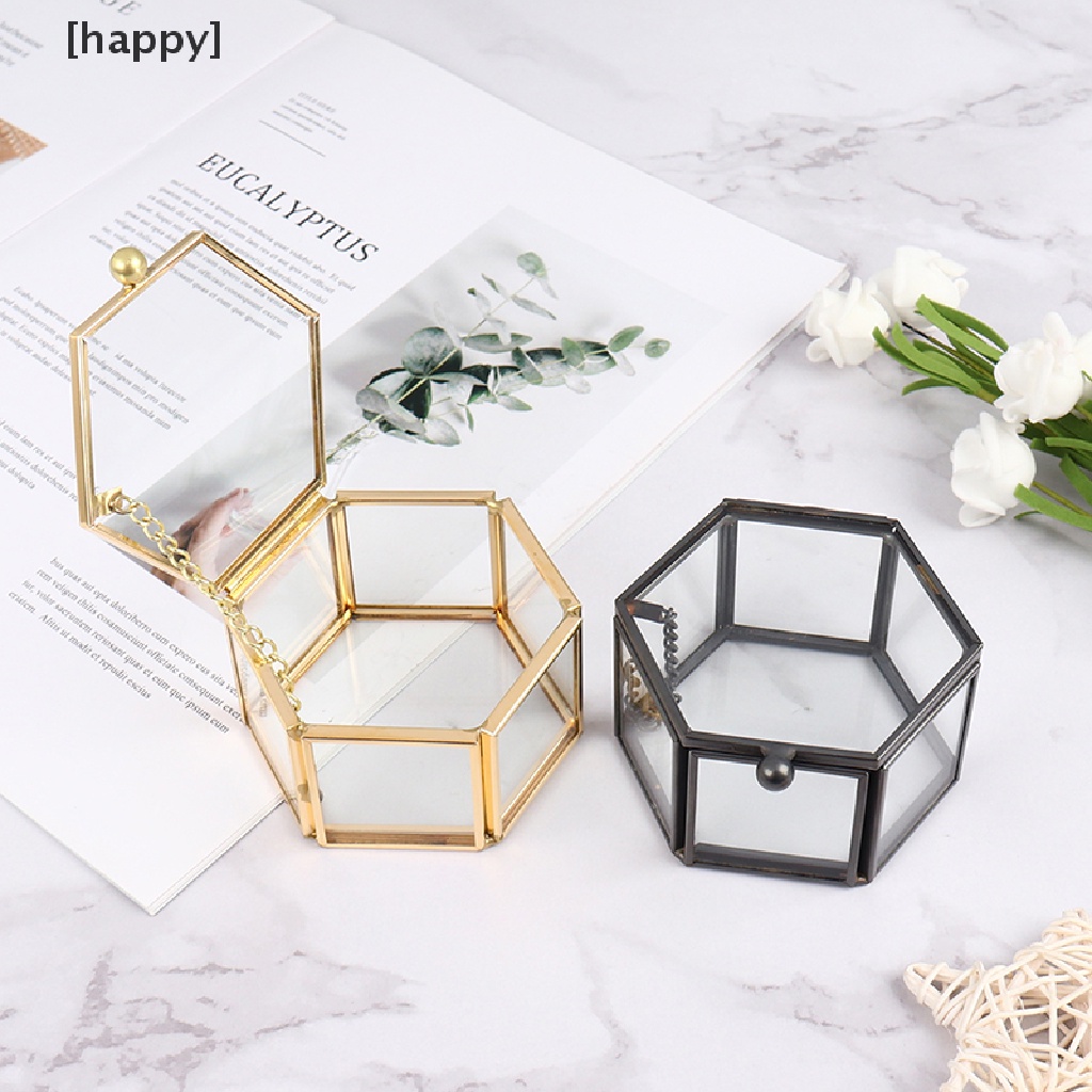 Kotak Holder Penyimpanan Perhiasan Cincin Bentuk Geometris Bahan Kaca