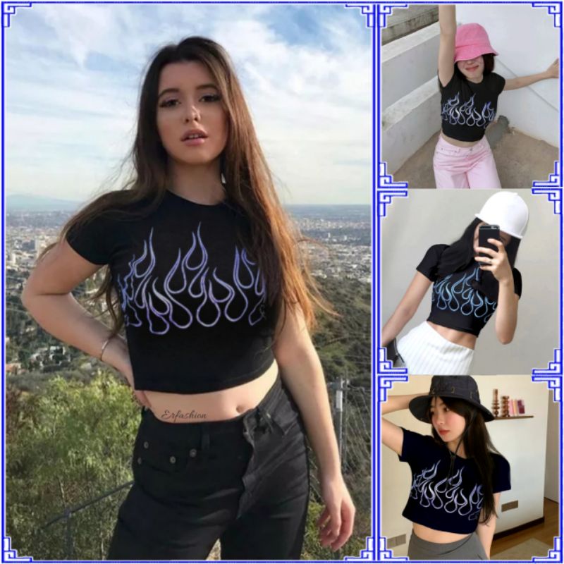 Erfashion - LUNOX Crop Top Knit Rib Crop Tee Kaos Wanita Short Sleeve Crop Top T-shirt Fire  - LA - 