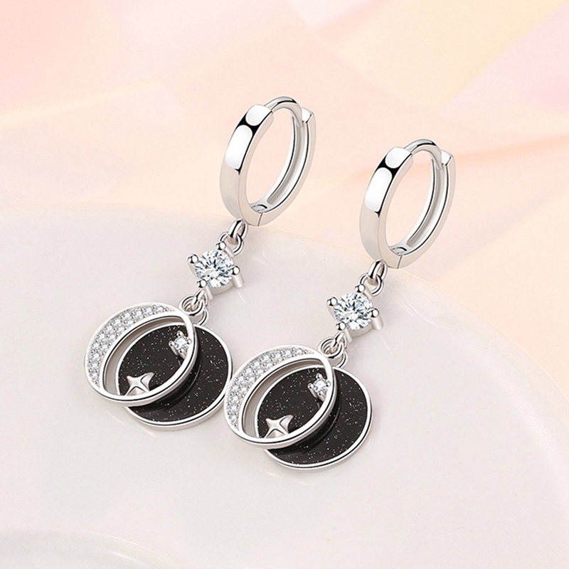 Anting Gantung Sterling Silver 925 Model Bulan + Bintang Hias Kristal Vintage Untuk Wanita