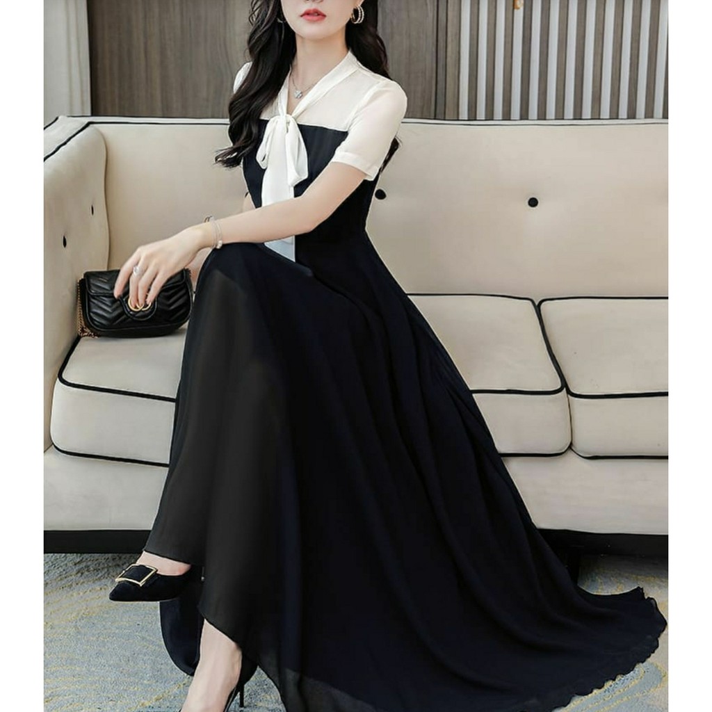 *[MCFK] Dress Nero / Longdress Pita Kombinasi Wanita / Longdress Korea / Dress Panjang / Longdres Wanita Terbaru