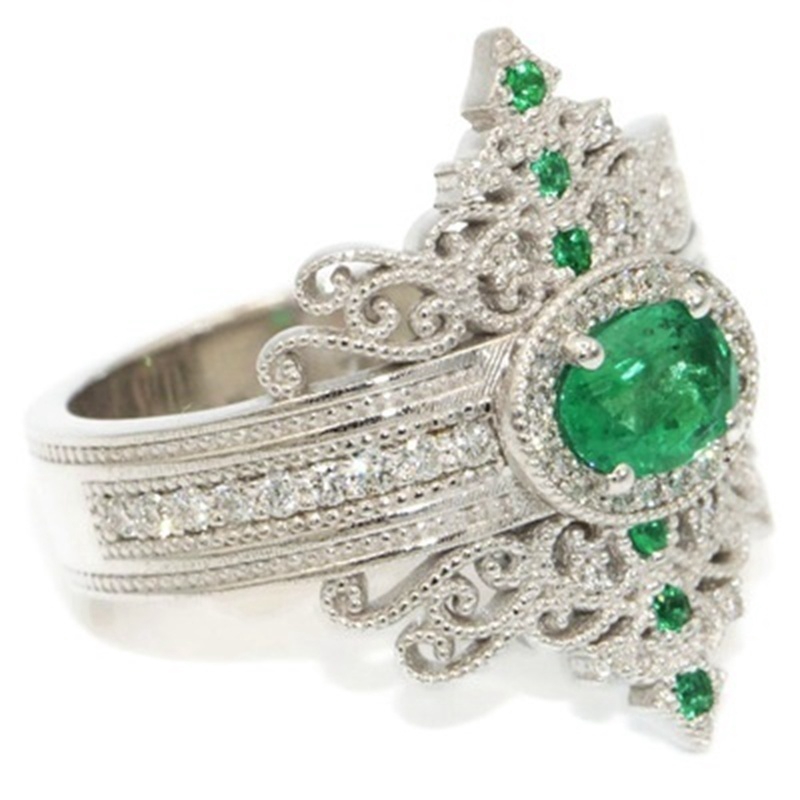 Mewah Perempuan 925 Perak Inlay Emerald Kristal Gemstone Cincin Mode aristokrat Court Style Jewelry