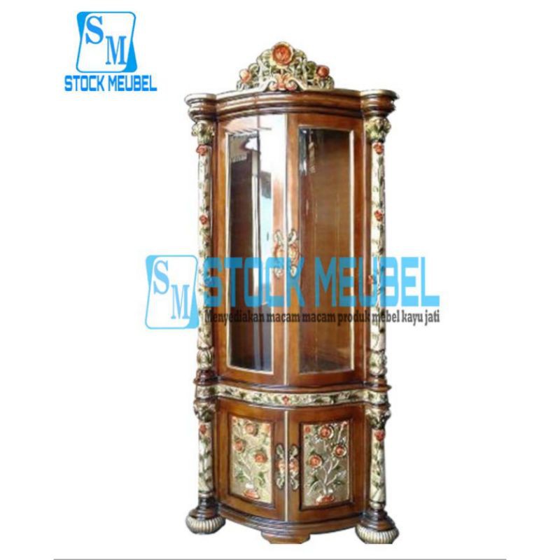 Lemari Pojok Kayu Jati Ukir Jepara |  Almari Buku Sudut Ruang Tamu |  Kabinet Hias Kaca