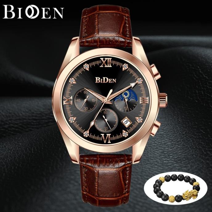 BIDEN Jam Tangan Pria Multifungsi Tali kulit Display Kuarsa Bisnis Jam