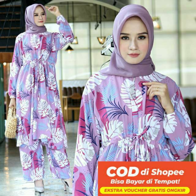 baju setelan celana dan tunik motif cantik/setcel Busui/setcel jumbo/bahan maxmara Lux premium impor