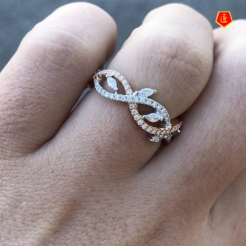 [Ready Stock]Twisted String Leaf Shaped Diamond-Studded Ring 14K Rose Gold
