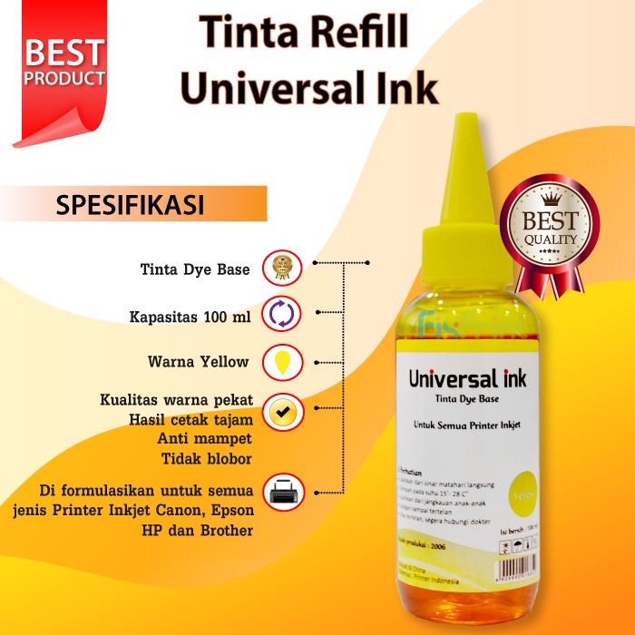 Tinta Universal Ink Yellow 100ml, Tinta Dye Base Tutup Model Kerucut