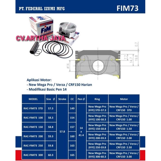 PISTON KIT FIM FIM73 HONDA CRF 150 / VERZA 150 / NEW MEGA PRO 150 / MEGA PRO MONOSHOCK 150 ( 57,3 / 57,8 / 58,3 / 58,8 / 59,3 / 59,8 / 60,3 ) ( STD / 050 / 100 / 150 / 200 / 250 / 300 ) ( PEN 14 / PIN 14 )-5