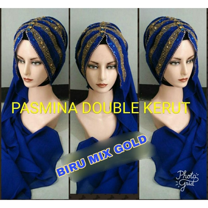 TERMURAH PASMINA PESTA MEWAH FULL PAYET JEPANG.. WARNA BIRU MIX GOLD..KERUT DEPAN