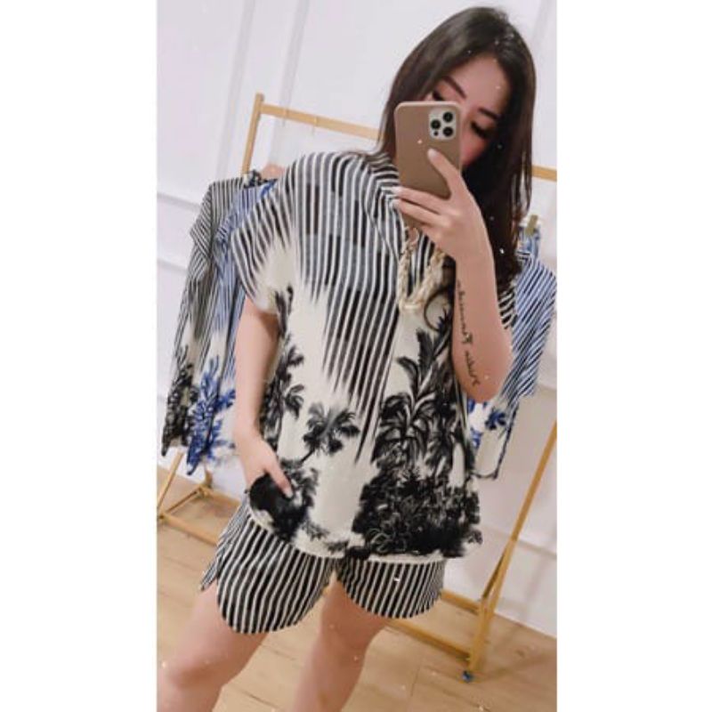 Celana Pendek Set Stripe Palm -Set vintage knit set top& Shorts