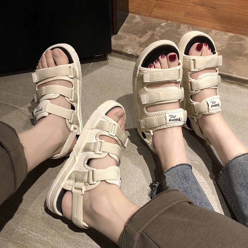 [littlecrab] Sandal Gunung Hitam Putih Cream Sandal Wanita Berkualitas Hak Tinggi Sandal Tali Tiga Selop Kasual Kekinian Triple Strap Korean Style