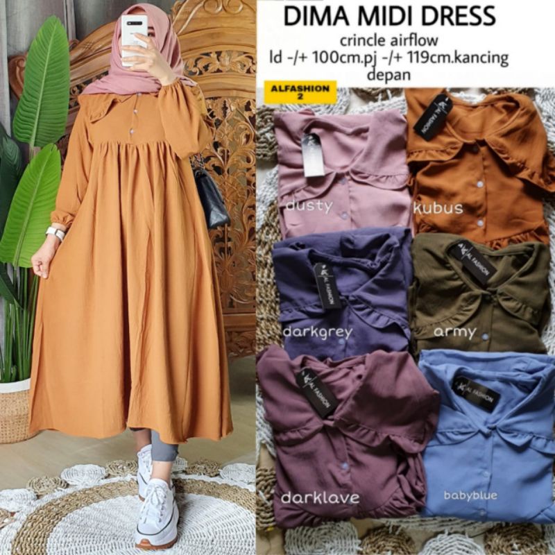 DIMA MIDI DRESS by Alfashion ; Midi dress bahan crincle airflow berkualitas nyaman halus adem melar 