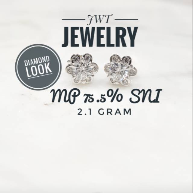 GIWANG ANTING TUSUK EMAS PUTIG 75.5% SNI DIAMOND LOOK BUNGA SOLITAIRE MODEL BERLIAN