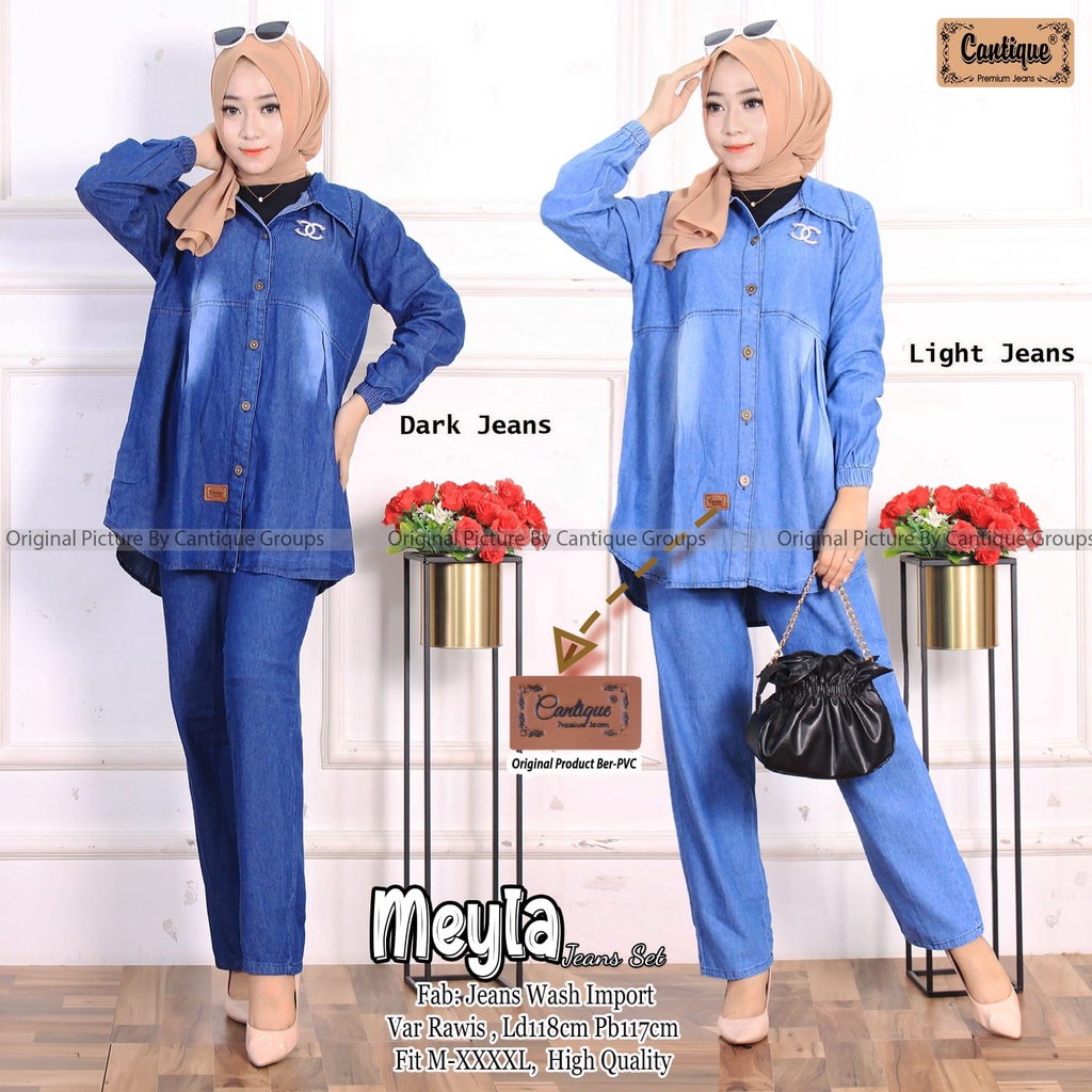 MEYLA JEANS SET BY CANTIQUE SETELAN BAJU CELANA JEANS CASUAL SETELAN WANITA DENIM JUMBO JEANS WASH I