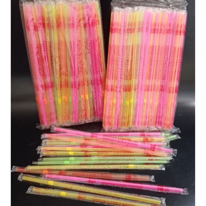 Sedotan Steril Bengkok Warna Neon &amp; Salur Garis Bungkus Plastik @100pcs Murah