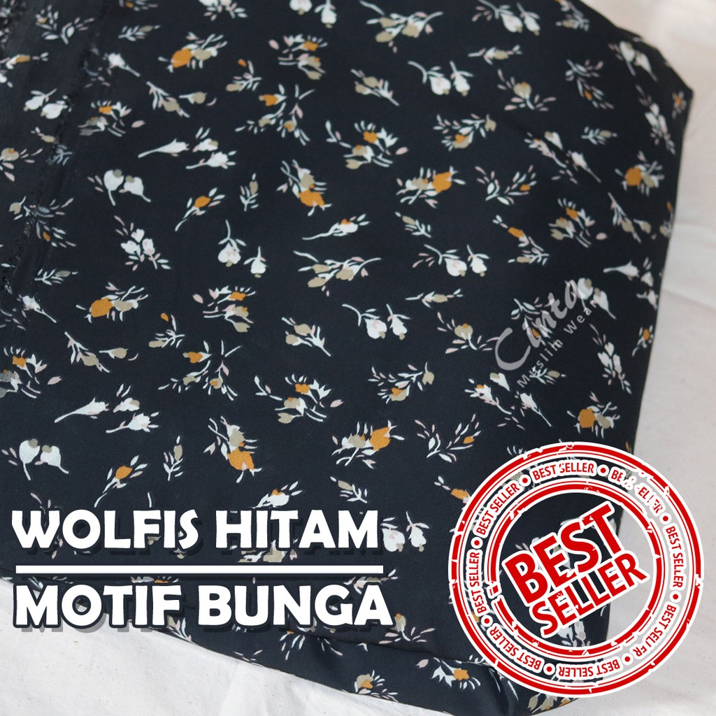 Kain Wolfis Crepe Wollycrepe Meteran Motif Bunga Warna Hitam (0,5M)