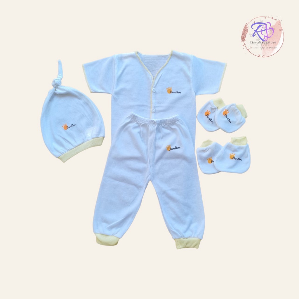 1 set baju putih lengan pendek warna putih polos/ newborn/ topi bayi set/ sarung tangan kaki bayi/ kebutuhan bayi baru lahir