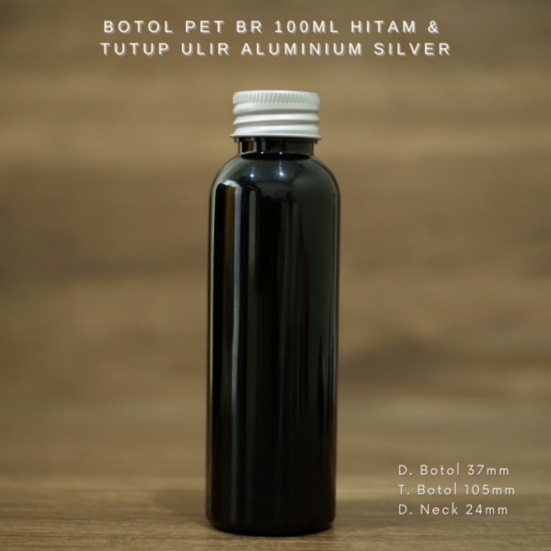 BOTOL 100ML HITAM TUTUP ULIR ALMUNIUM SILVER / BOTOL PET 100 ML HITAM &amp; TUTUP ALMUNIUM SILVER PET BR 100ML TUTUP ALMUNIUM SILVER