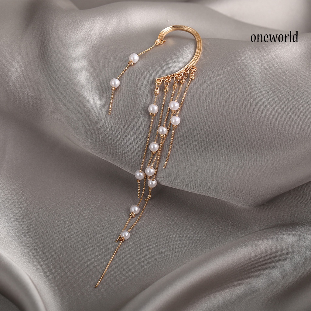 OW# Women Earring Tassel Imitation Pearl Gold Color Bohemian All Match Ear Clip for Dating