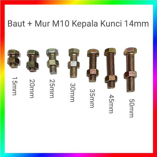 Baut dan mur M10 15 - 50mm kepala kunci 14