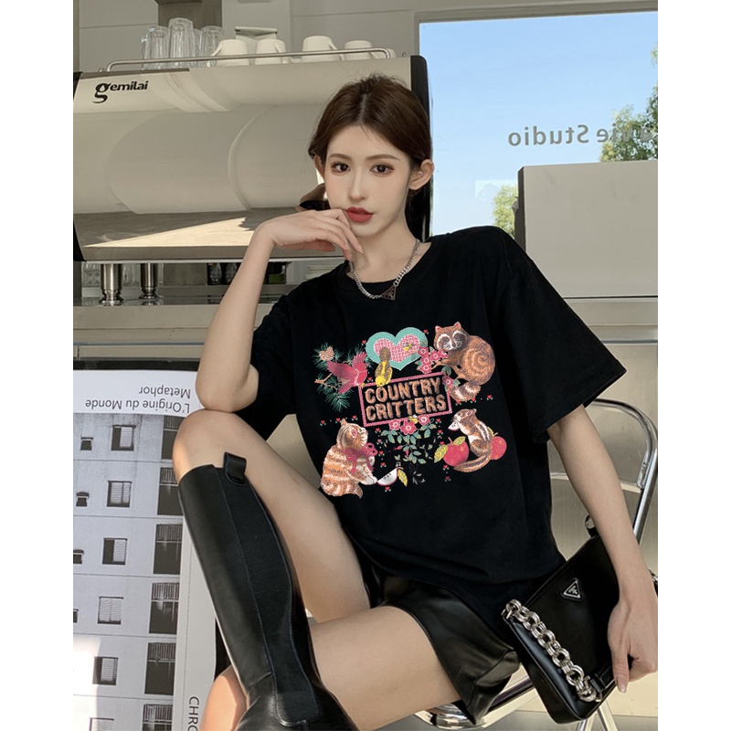 Printed T-shirt /atasan wanita warna putih/baju oversize wanita /baju oversize wanita murah murah/Atasan hitam lengan pendek retro longgar gaya korea sederhana