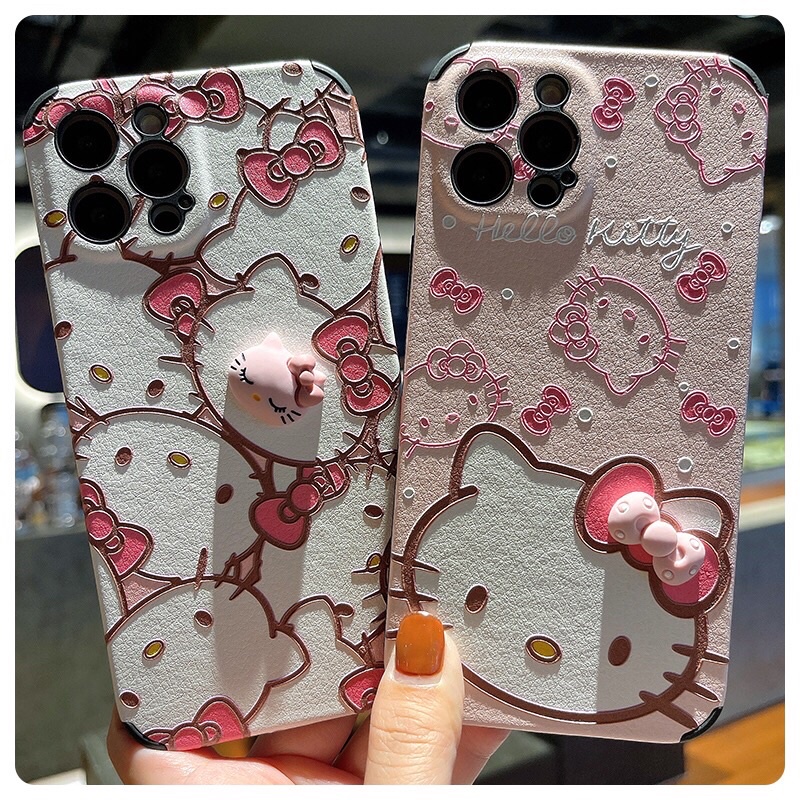 Cute Pink Hello Kitty Semi Leather Softcase iphone 7/8+ XS XS Max XR 11 Pro Max 12 Pro Max