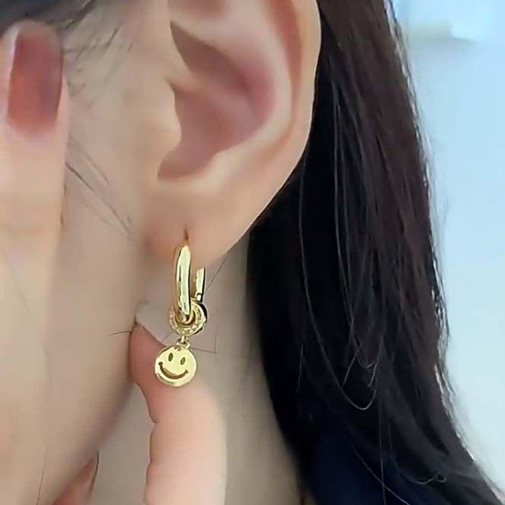 REBUY Rebuy Smiley Hoop Earrings Punk Keren Beruntung Sederhana Lingkaran Smiley Liontin Fashion Perhiasan Bulat Alloy Wanita Ear Studs