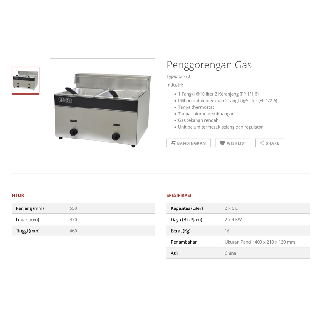 GETRA GAS FRYER ALAT PENGGORENG MAKANAN GF 73 DEEP FRYER